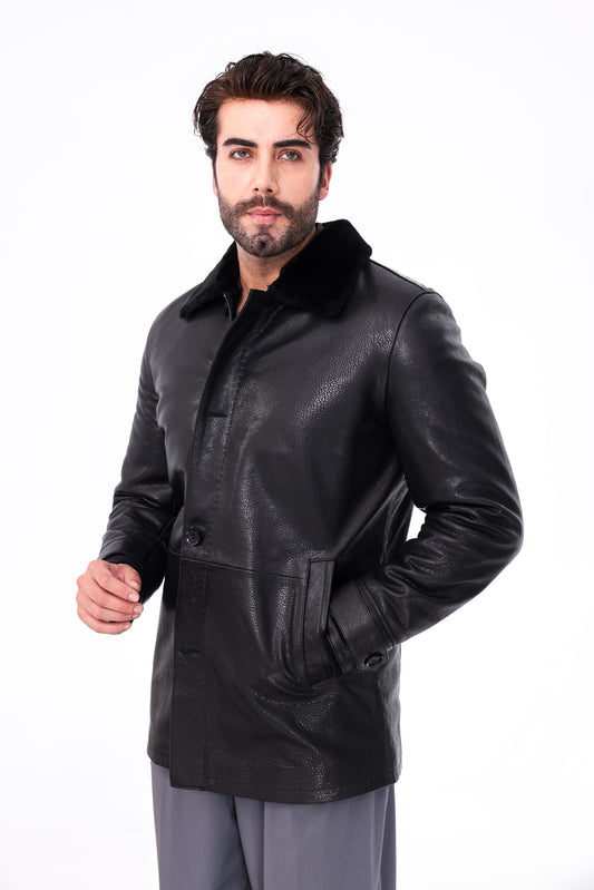 The Avelino Black Genuine Calf Leather Shearling Collar Men Coat
