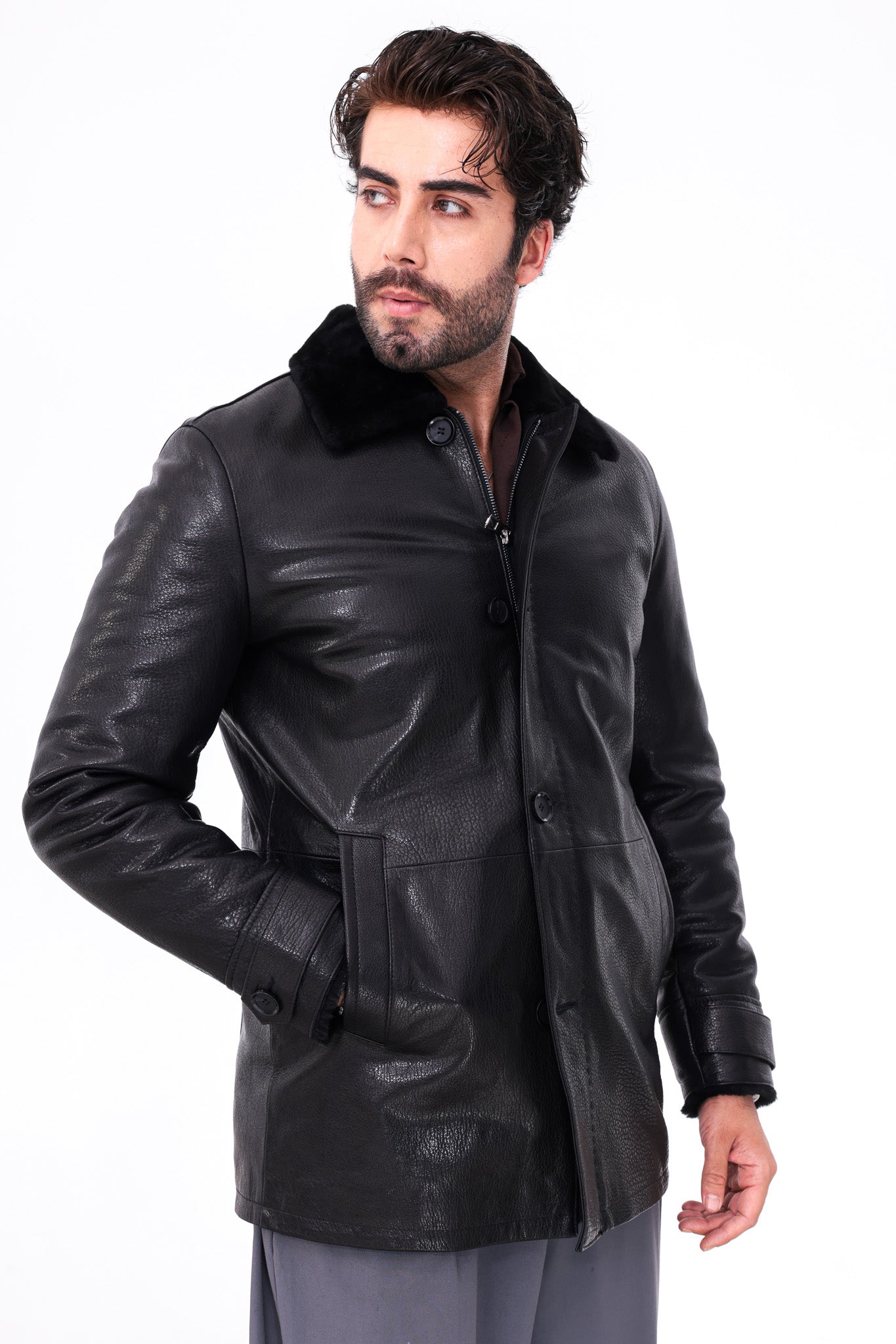The Avelino Black Genuine Calf Leather Shearling Collar Men Coat
