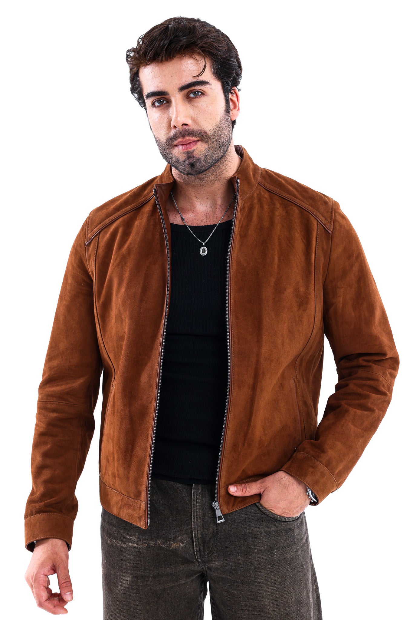 The Lucano Cognac Genuine Suede Leather Men Jacket