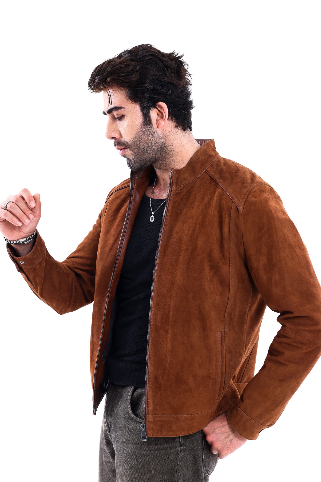 The Lucano Cognac Genuine Suede Leather Men Jacket