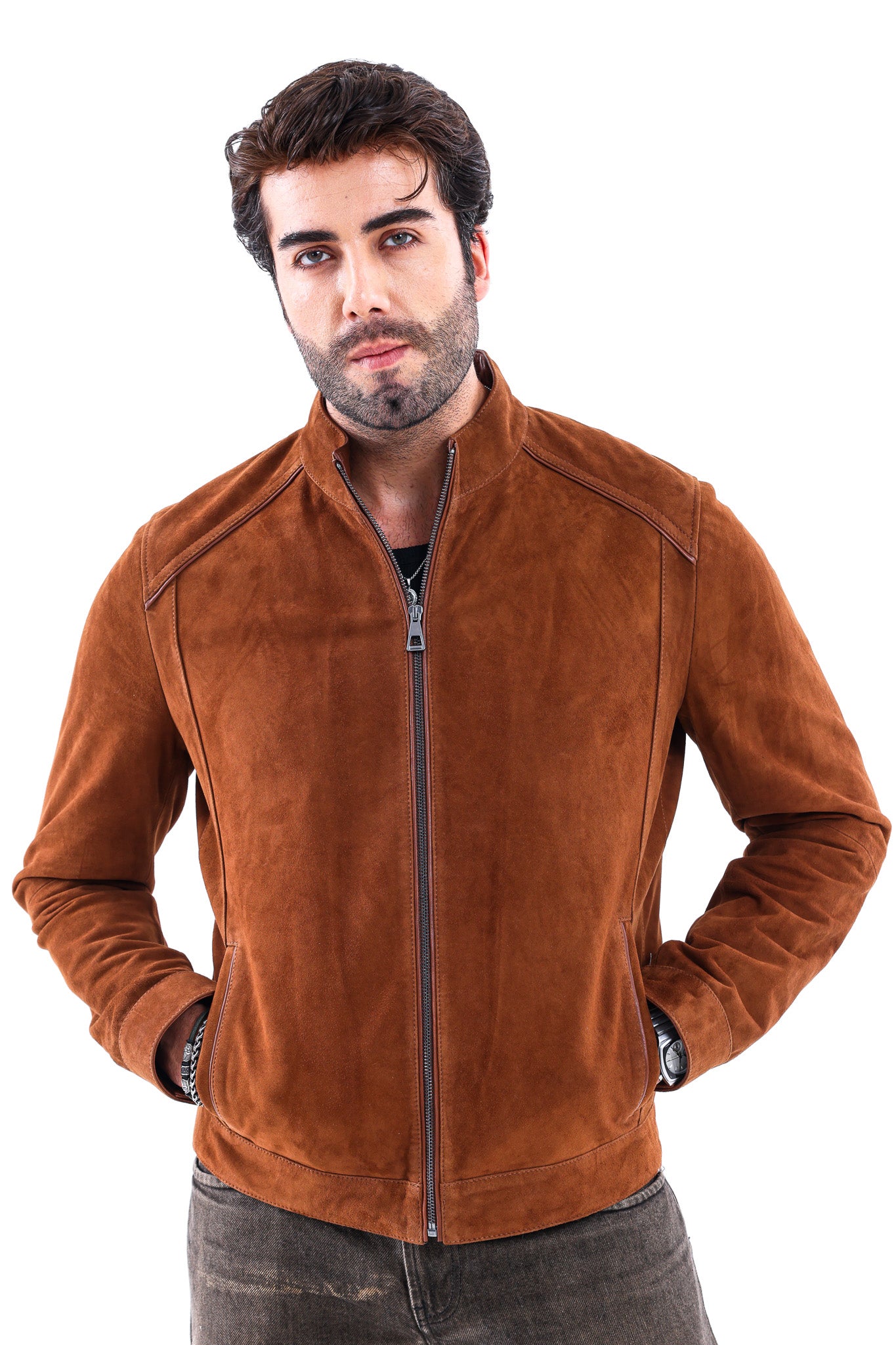 The Lucano Cognac Genuine Suede Leather Men Jacket