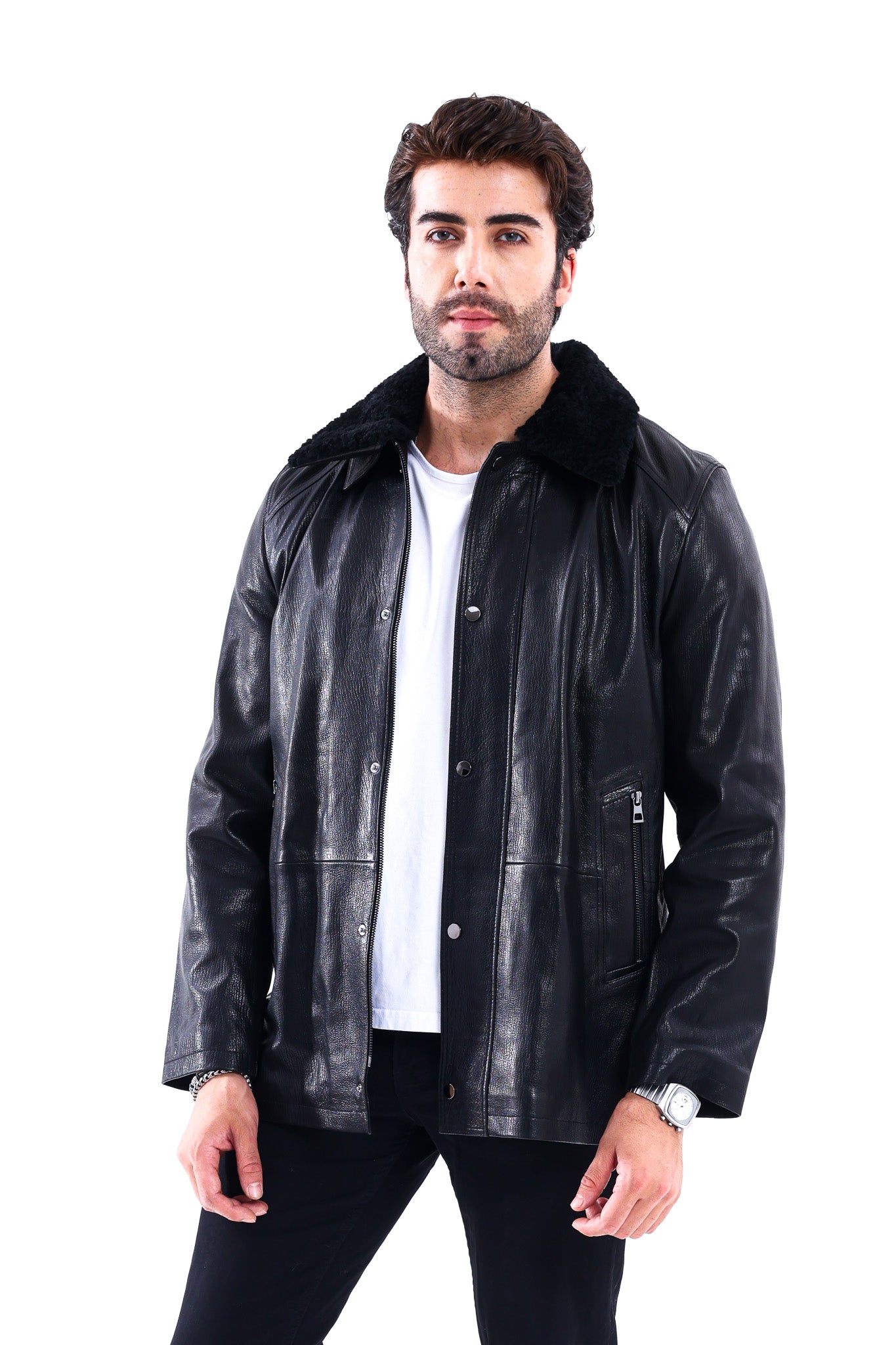 The Bracciano Black Genuine Calf Leather Shearling Collar Men Coat Material