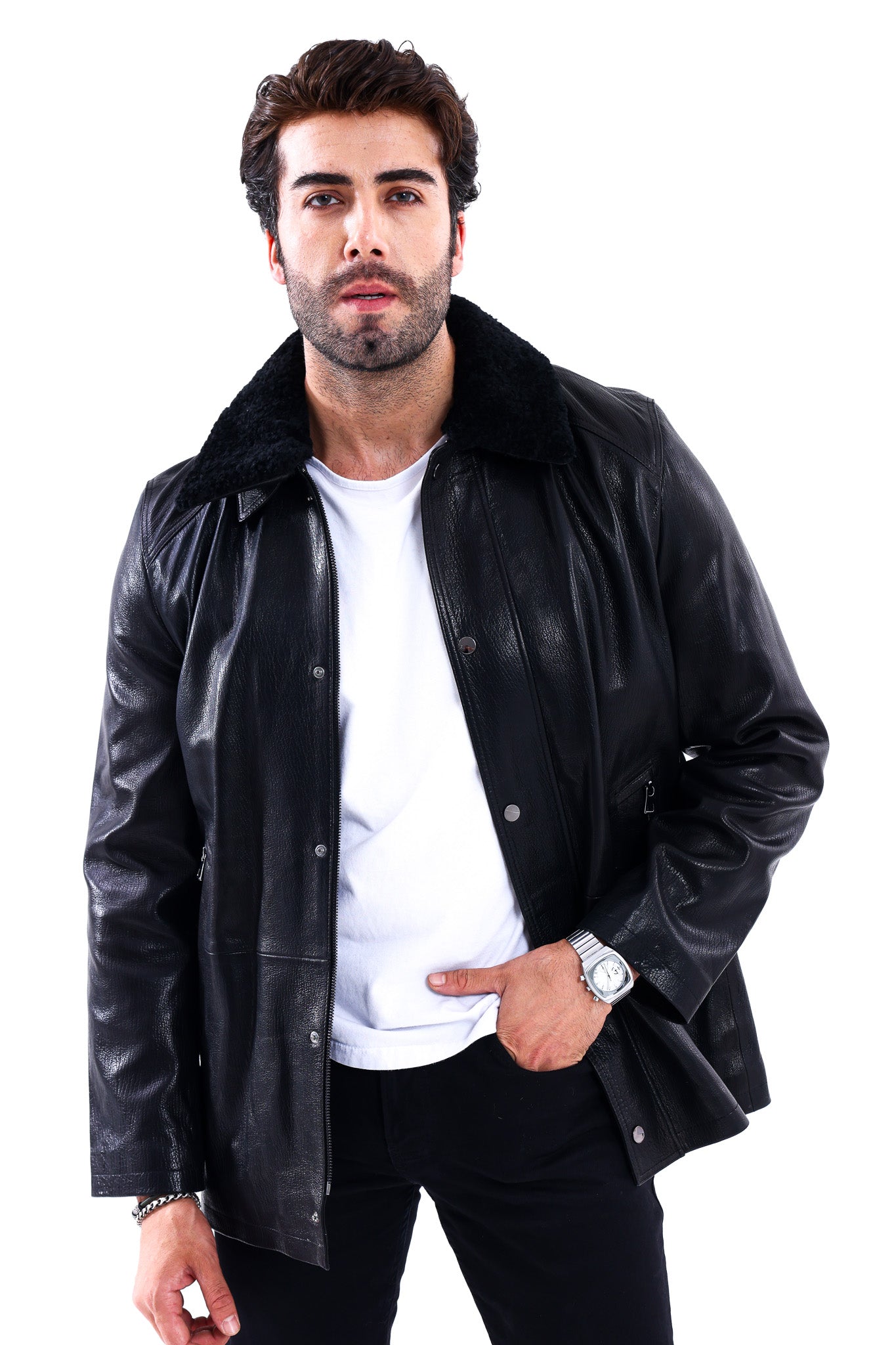 The Bracciano Black Genuine Calf Leather Shearling Collar Men Coat Material