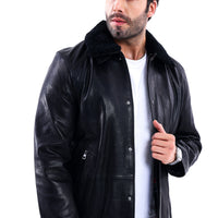 The Bracciano Black Genuine Calf Leather Shearling Collar Men Coat Material