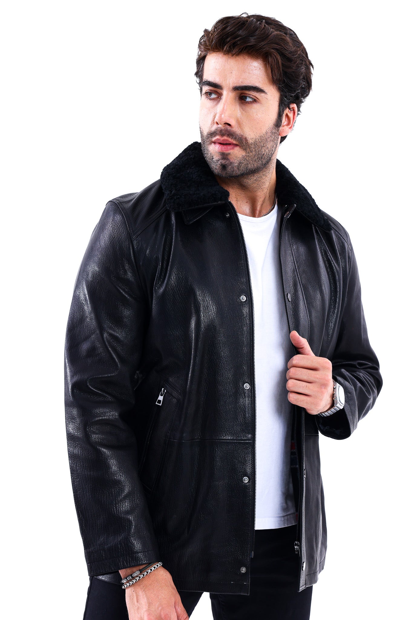 The Bracciano Black Genuine Calf Leather Shearling Collar Men Coat Material