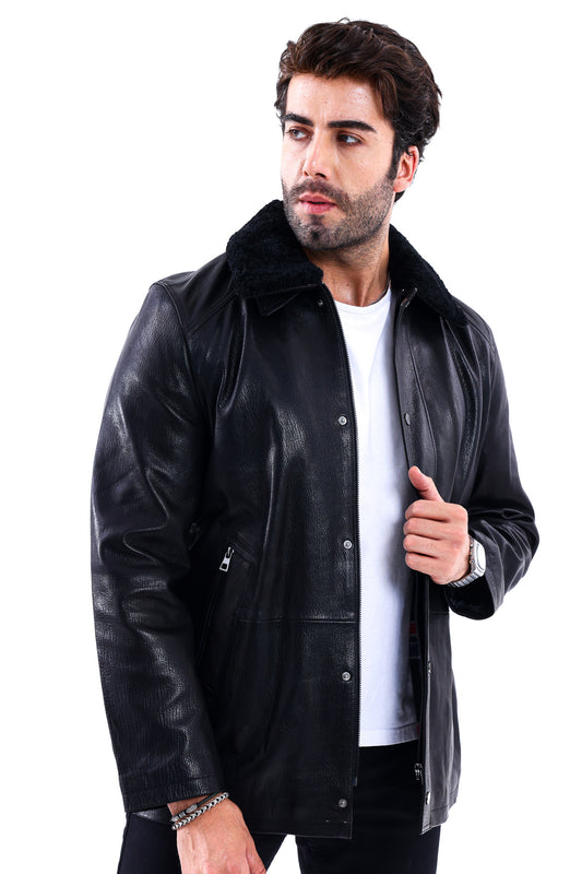 The Bracciano Black Genuine Calf Leather Shearling Collar Men Coat Material