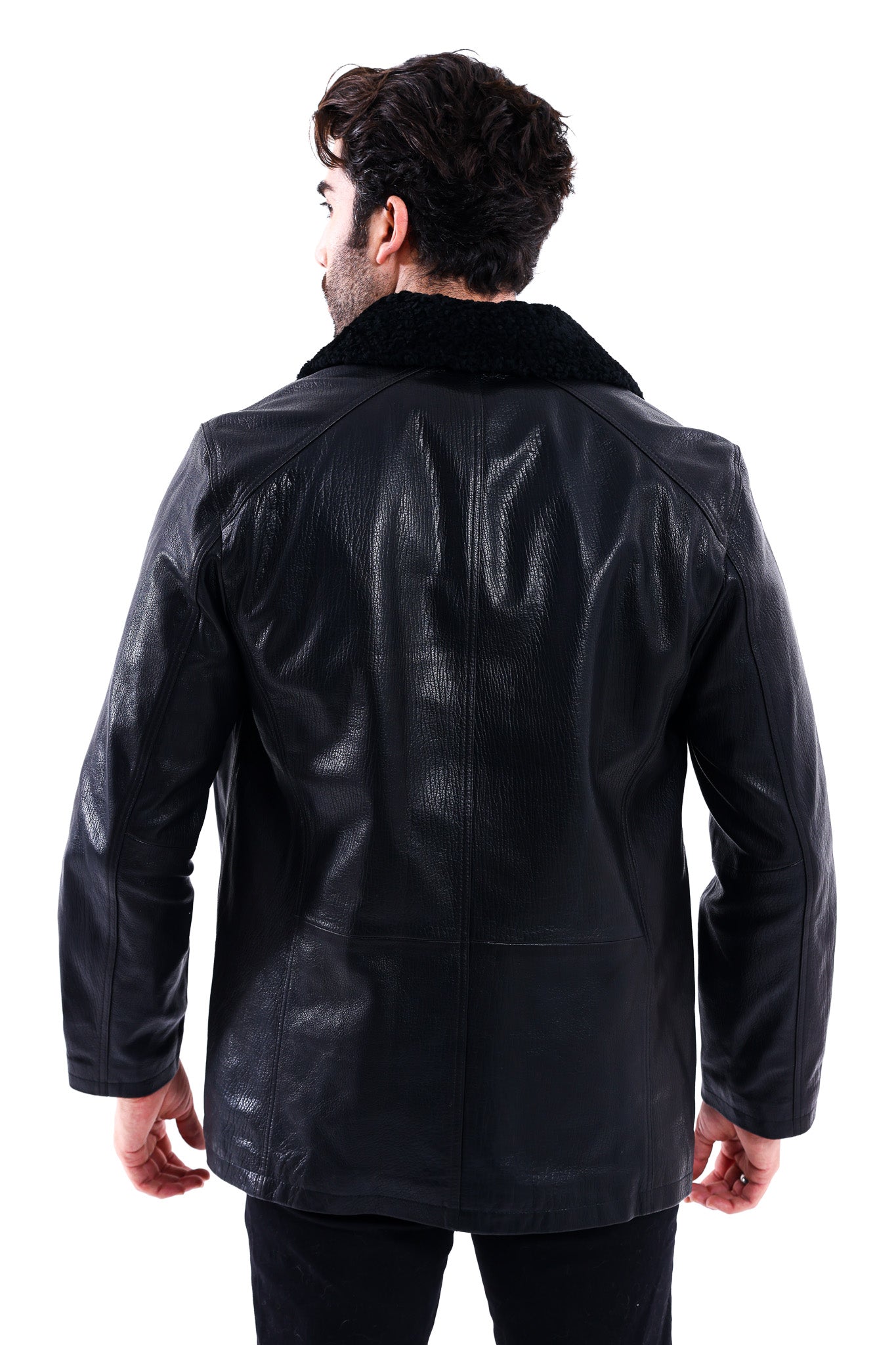 The Bracciano Black Genuine Calf Leather Shearling Collar Men Coat Material