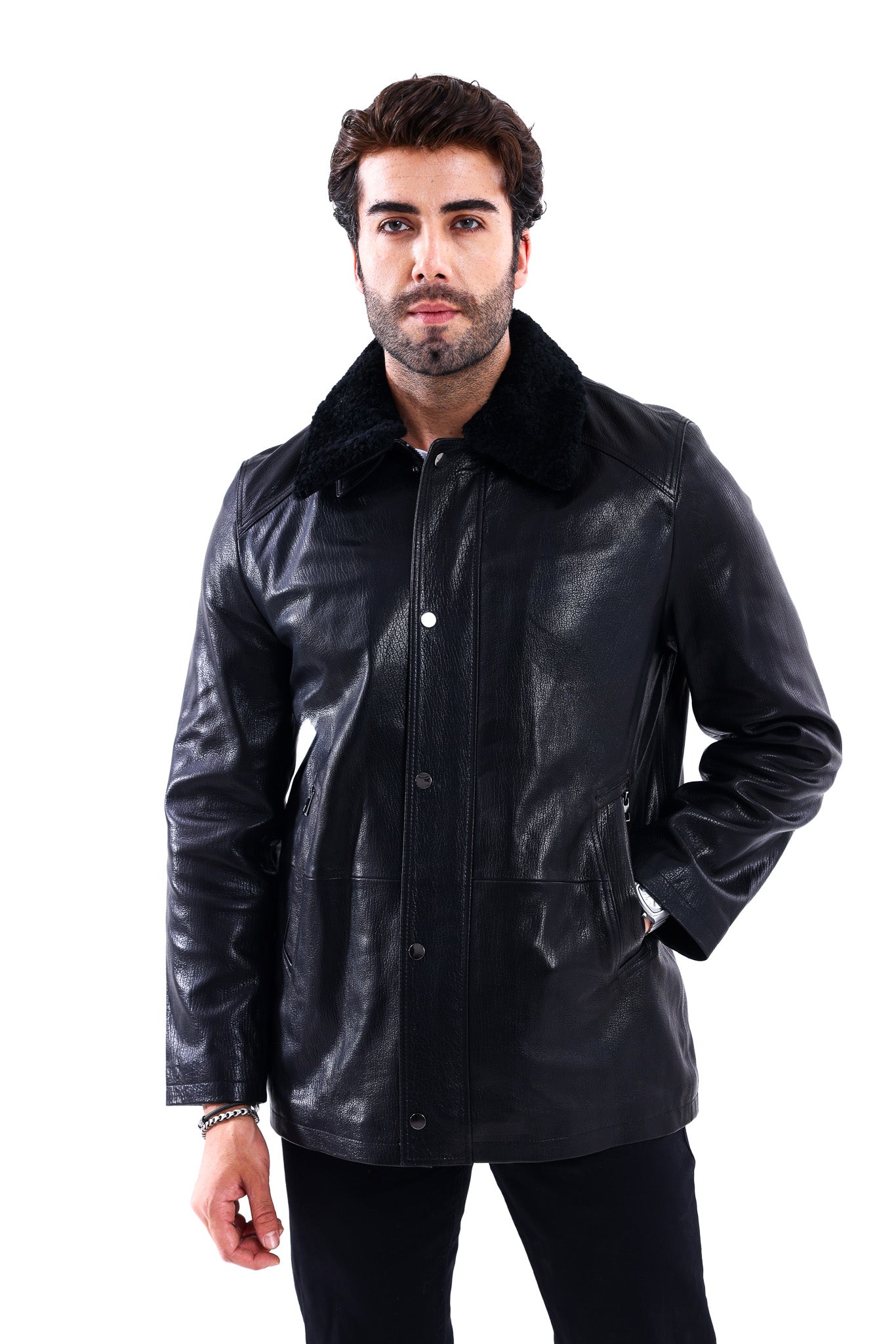 The Bracciano Black Genuine Calf Leather Shearling Collar Men Coat Material