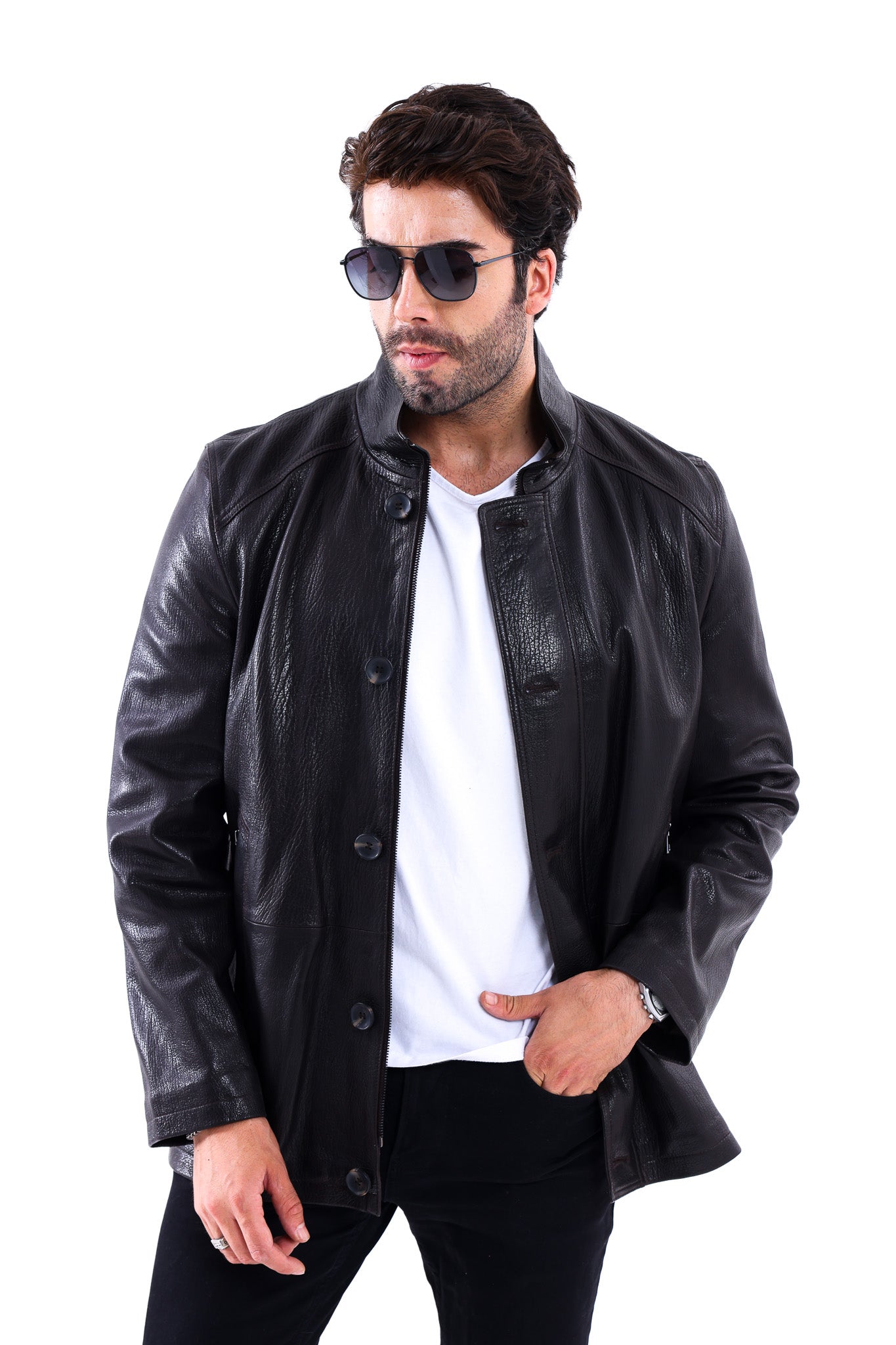 The Bracciano Black Genuine Calf Leather Men Coat – Button Front Edition