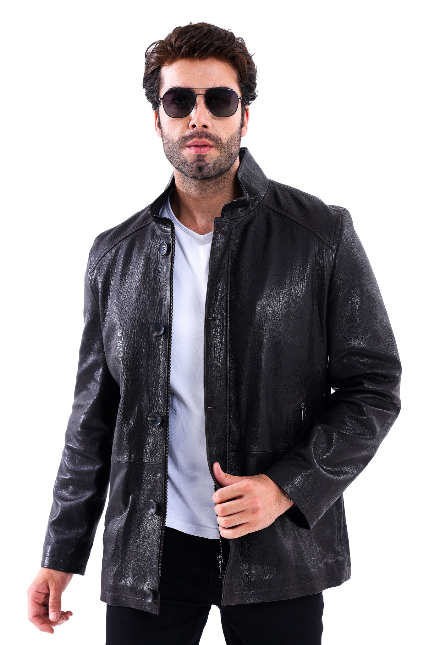 The Bracciano Black Genuine Calf Leather Men Coat – Button Front Edition
