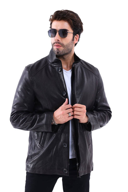 The Bracciano Black Genuine Calf Leather Men Coat – Button Front Edition