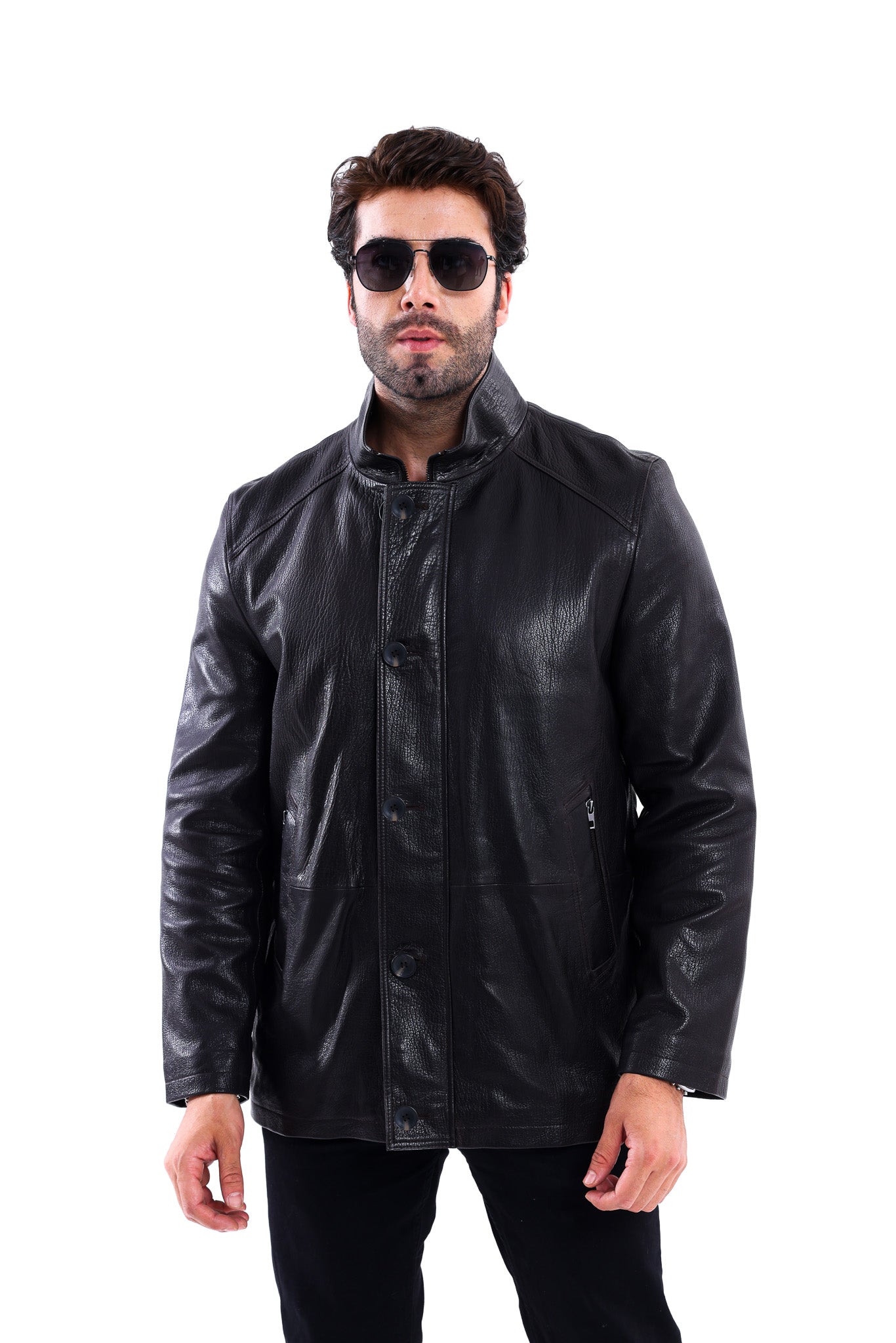 The Bracciano Black Genuine Calf Leather Men Coat – Button Front Edition
