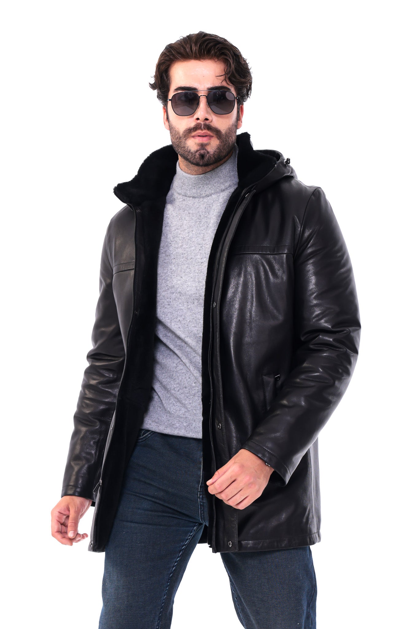 The Davos Black Genuine Leather & Shearling Hooded Men Coat
