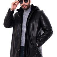 The Davos Black Genuine Leather & Shearling Hooded Men Coat