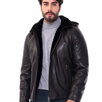 The Varello Dark Brown Genuine Leather Shearling Hooded Men Jacket