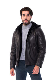 The Varello Dark Brown Genuine Leather Shearling Hooded Men Jacket
