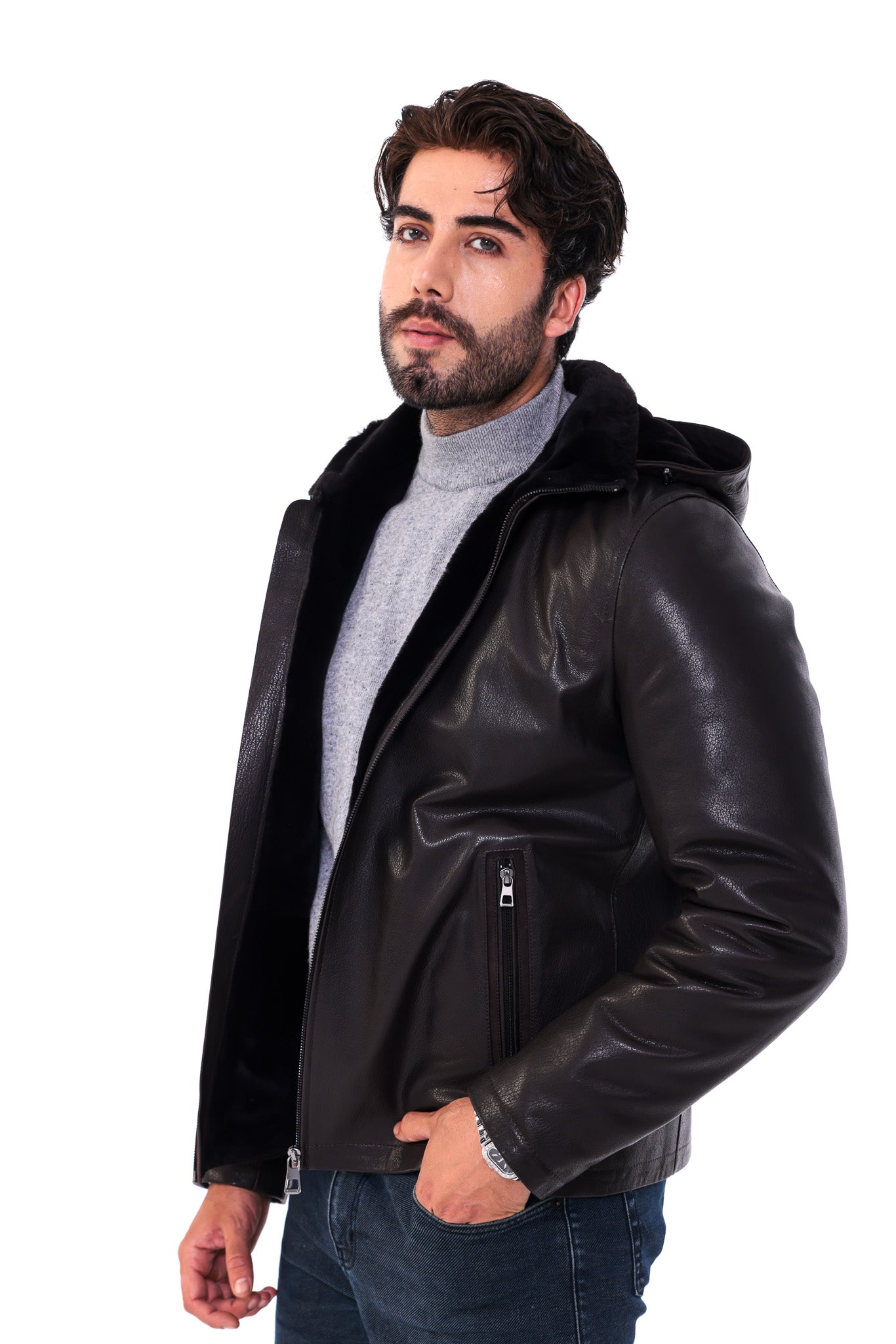 The Varello Dark Brown Genuine Leather Shearling Hooded Men Jacket