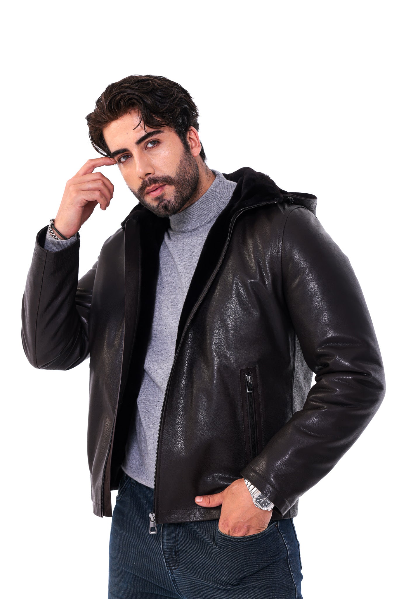 The Varello Dark Brown Genuine Leather Shearling Hooded Men Jacket