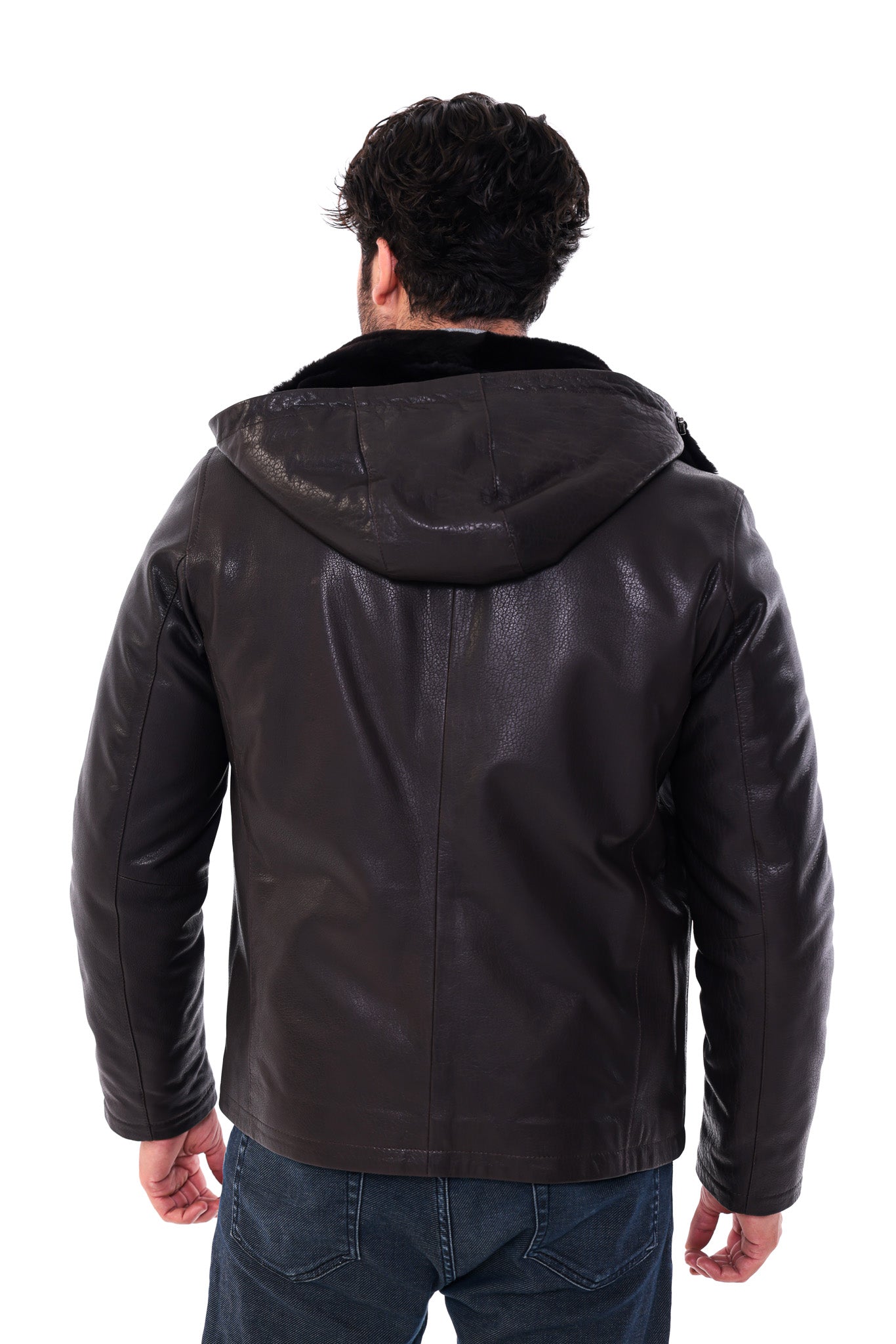 The Varello Dark Brown Genuine Leather Shearling Hooded Men Jacket