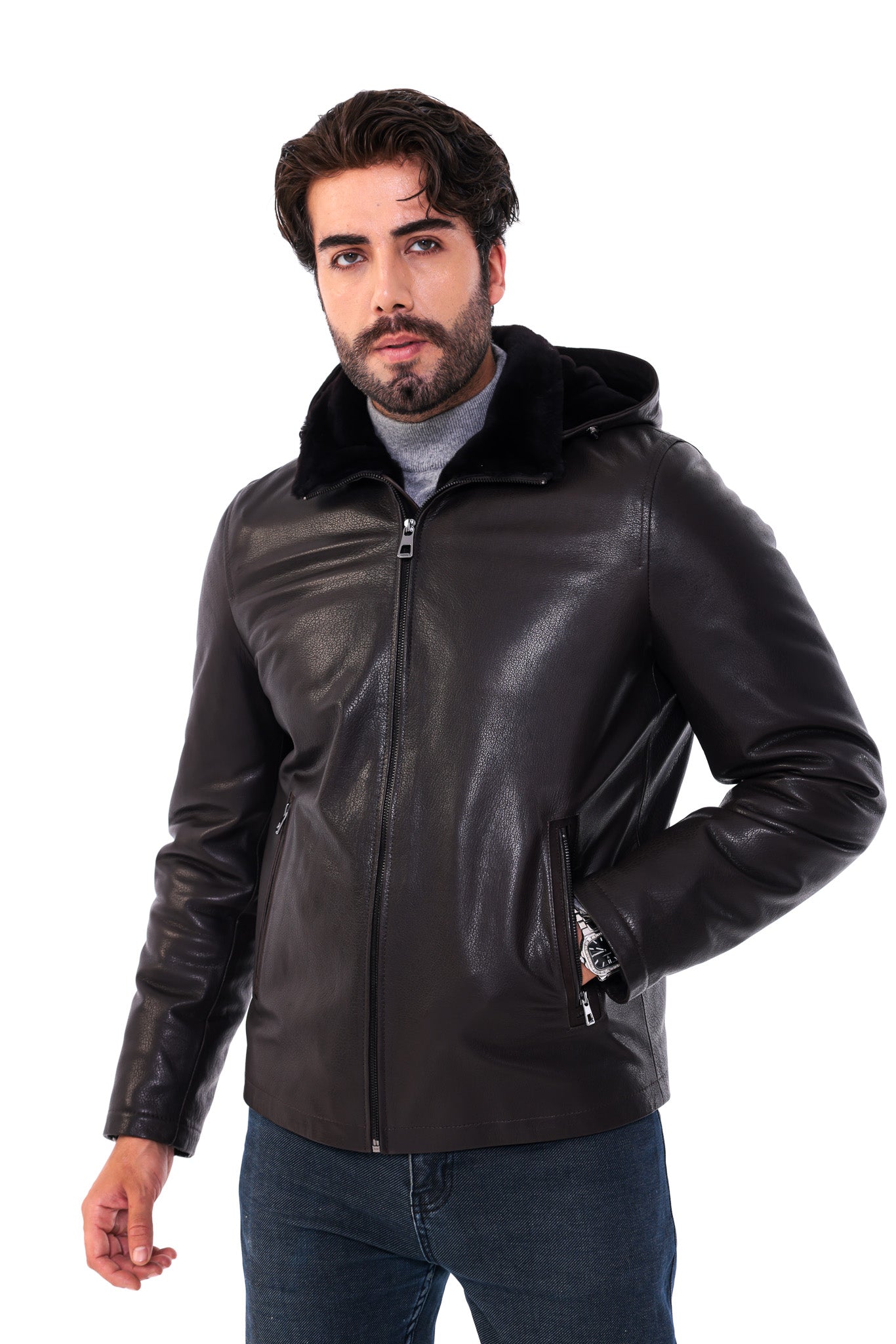 The Varello Dark Brown Genuine Leather Shearling Hooded Men Jacket
