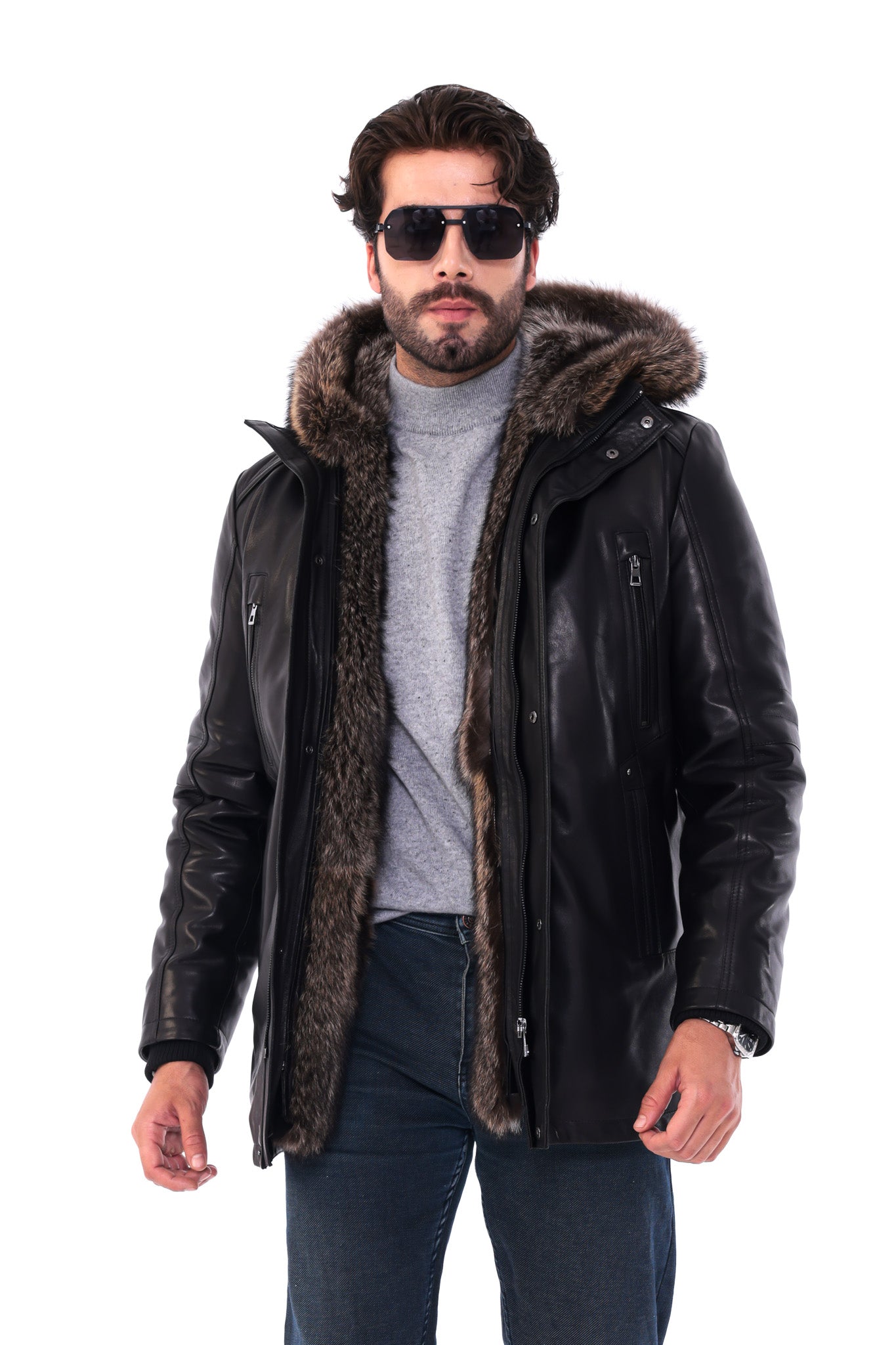 The Montreux Black Genuine Leather Fur-Lined Hooded Men Jacket