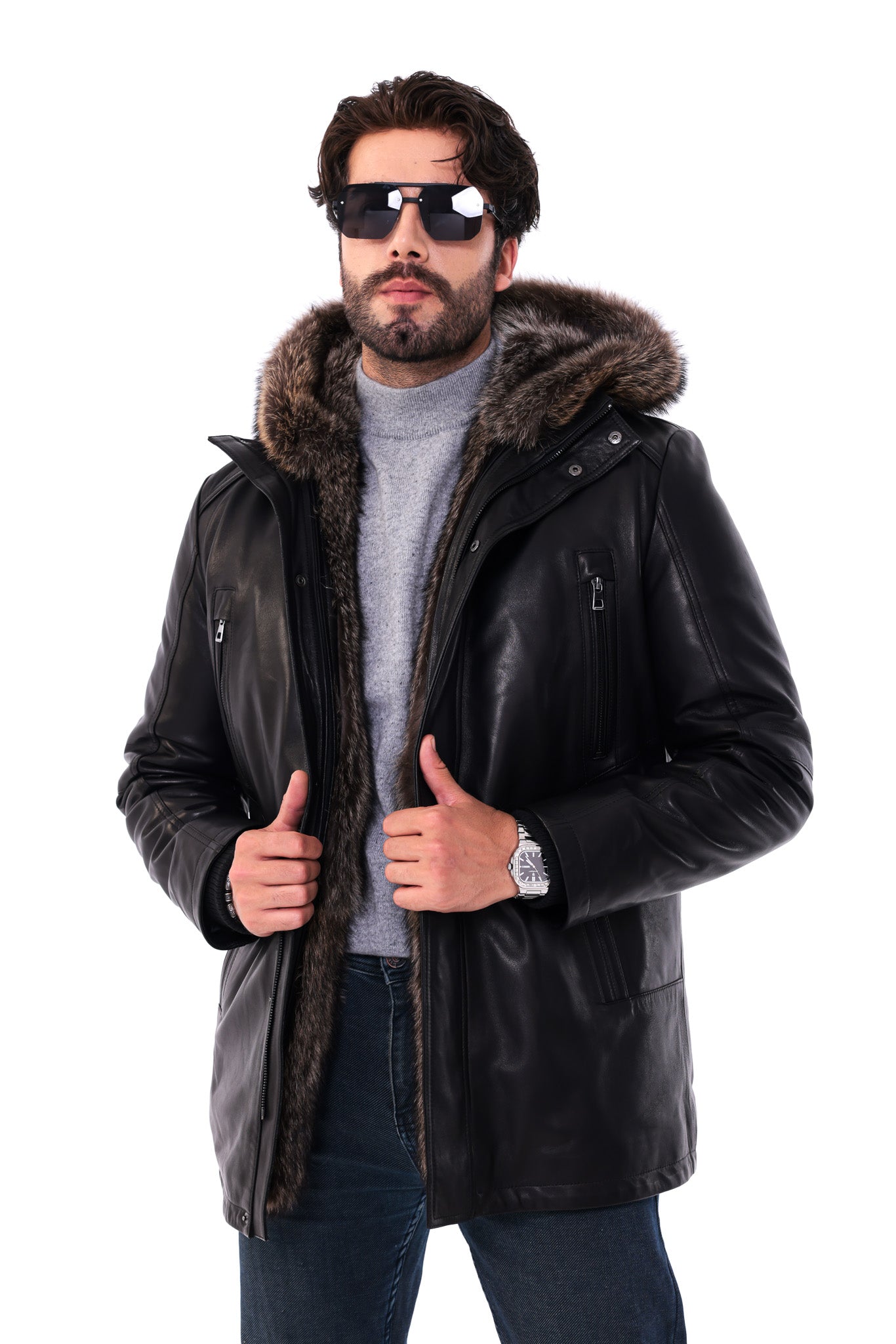 The Montreux Black Genuine Leather Fur-Lined Hooded Men Jacket