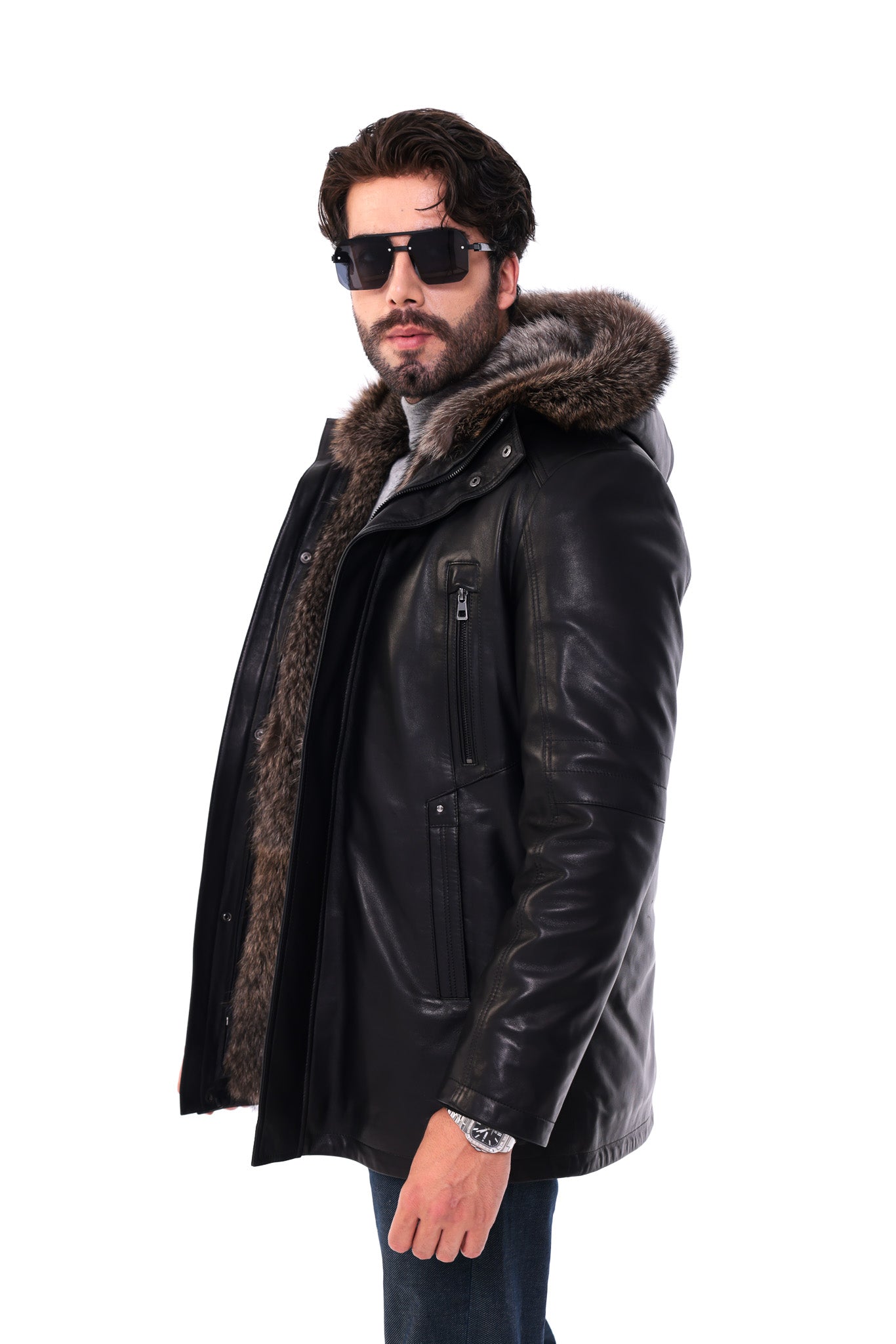 The Montreux Black Genuine Leather Fur-Lined Hooded Men Jacket