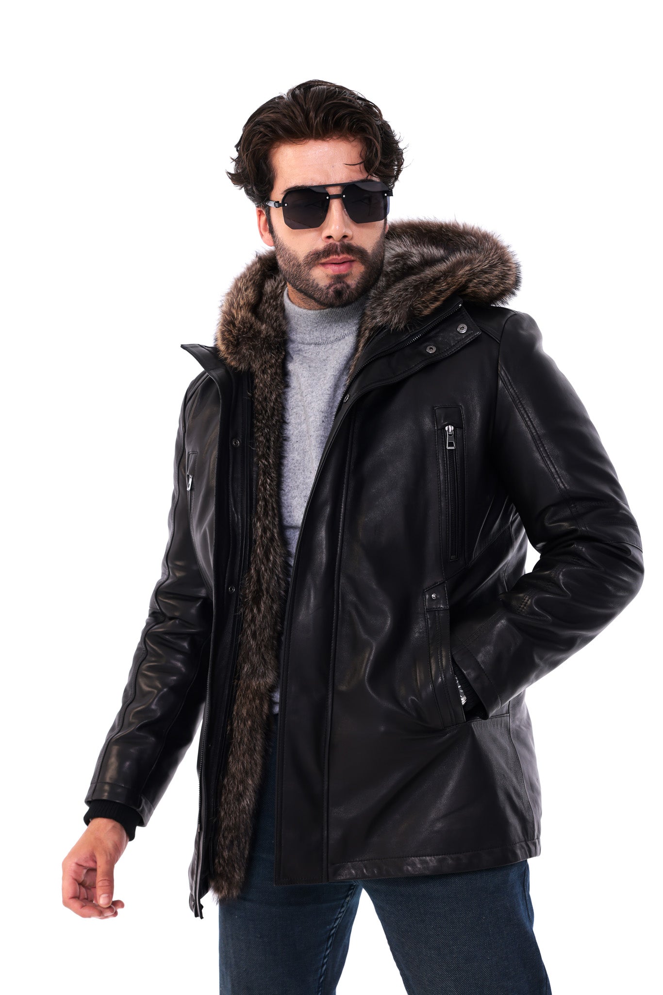 The Montreux Black Genuine Leather Fur-Lined Hooded Men Jacket