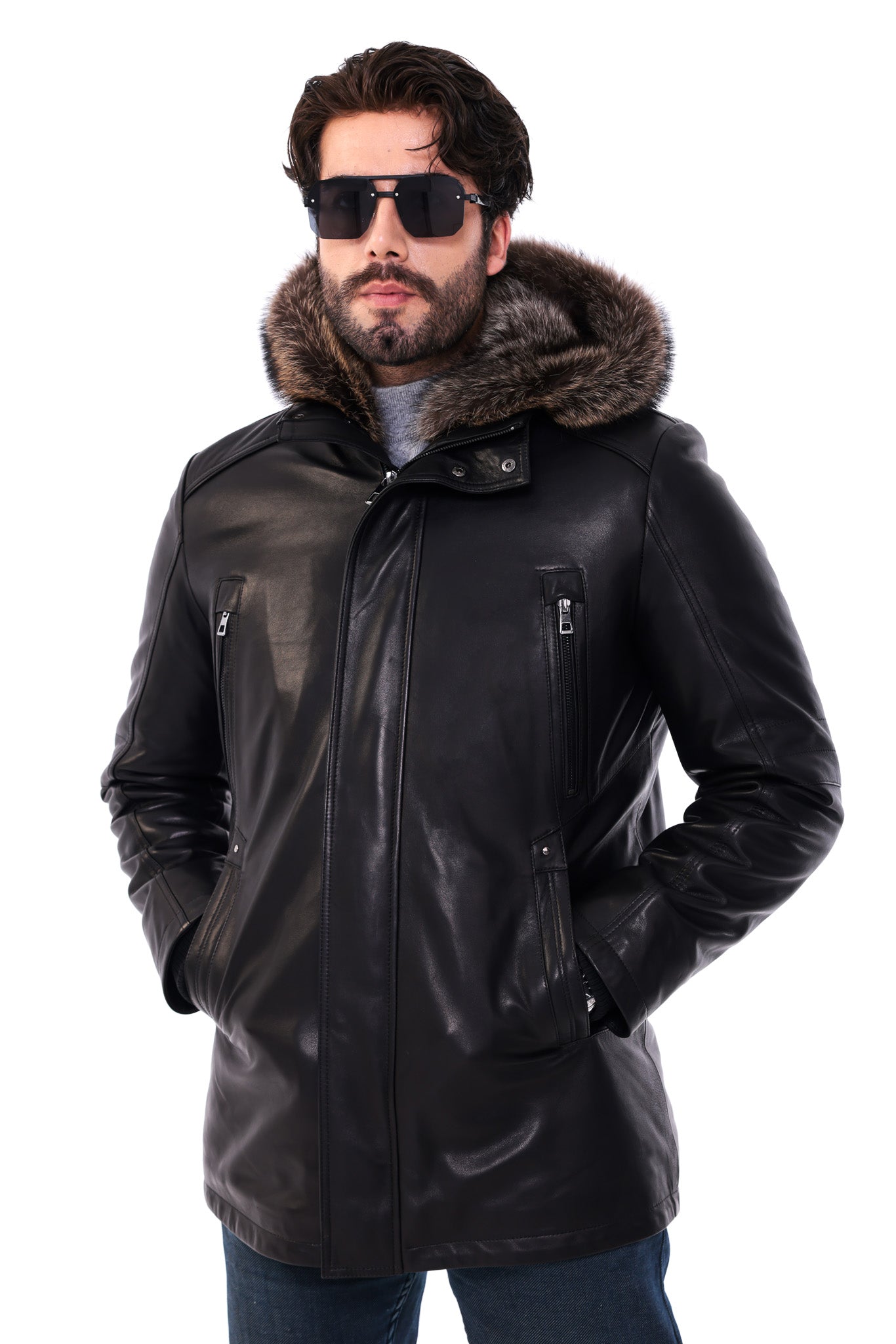The Montreux Black Genuine Leather Fur-Lined Hooded Men Jacket