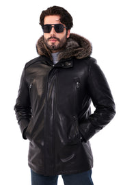 The Montreux Black Genuine Leather Fur-Lined Hooded Men Jacket