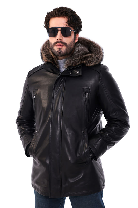 The Montreux Black Genuine Leather Fur-Lined Hooded Men Jacket