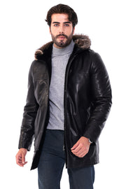 The Kaldren Black Genuine Leather Fur-Trimmed Hooded Men Jacket