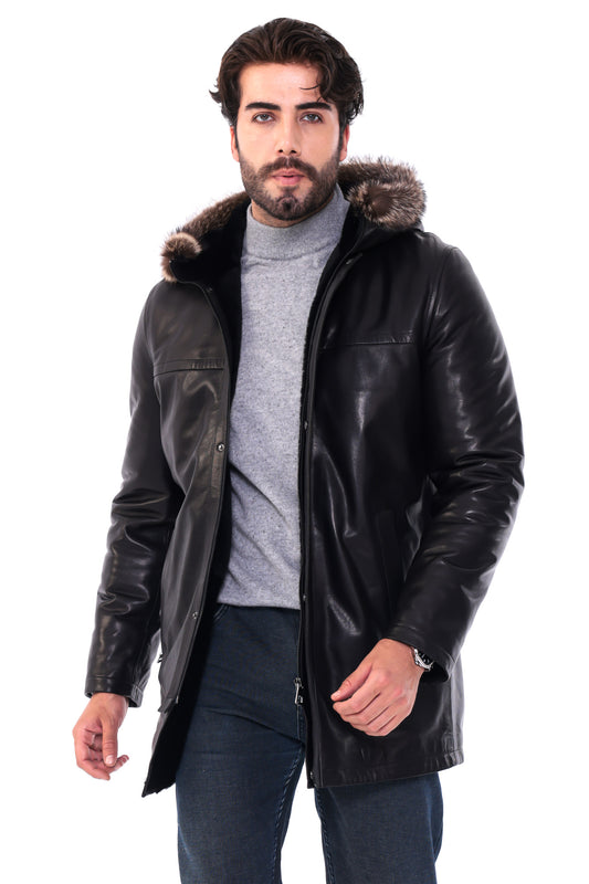 The Kaldren Black Genuine Leather Fur-Trimmed Hooded Men Jacket
