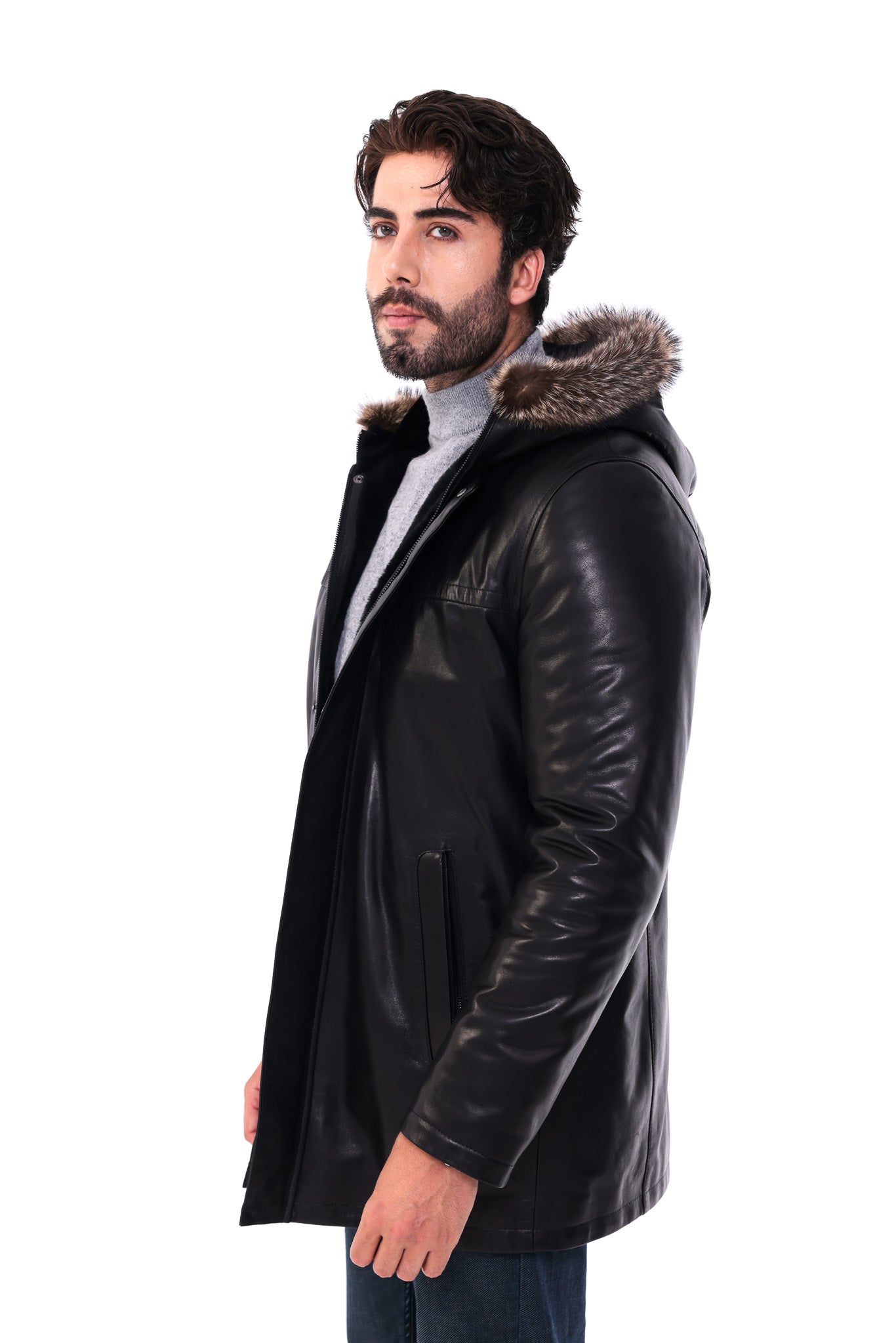The Kaldren Black Genuine Leather Fur-Trimmed Hooded Men Jacket