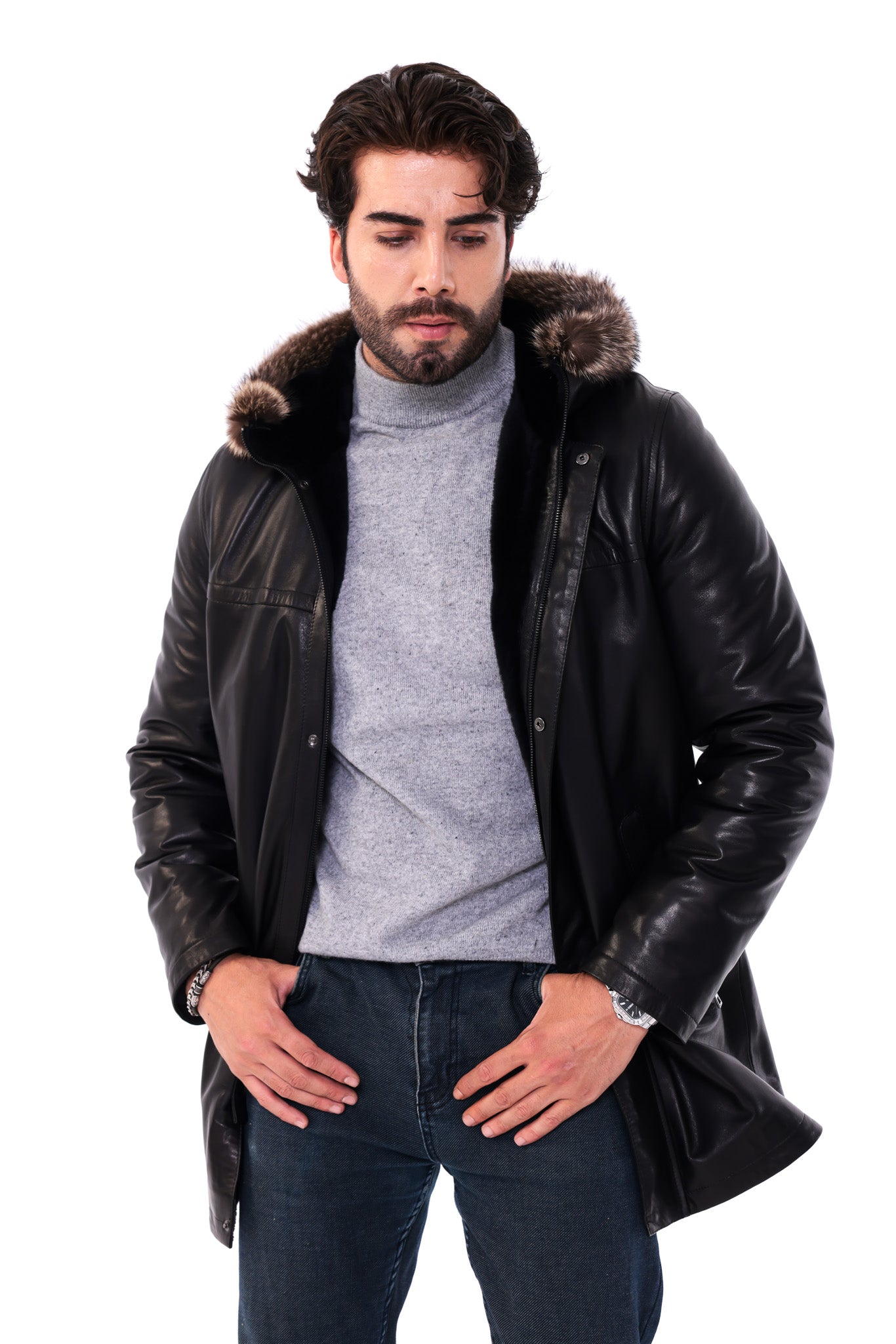 The Kaldren Black Genuine Leather Fur-Trimmed Hooded Men Jacket
