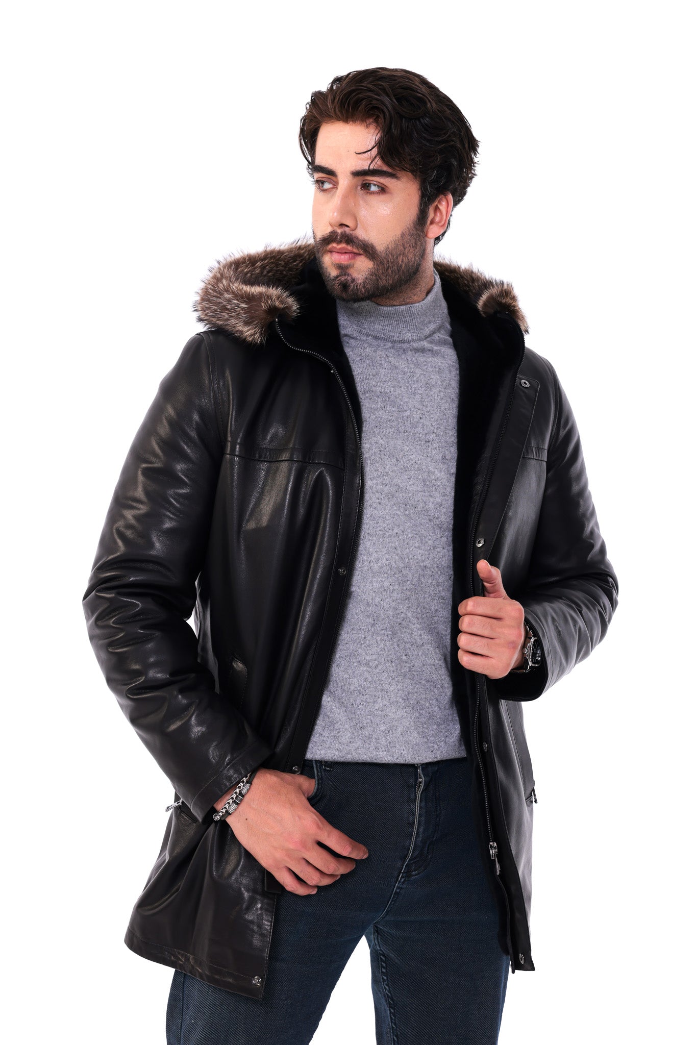 The Kaldren Black Genuine Leather Fur-Trimmed Hooded Men Jacket