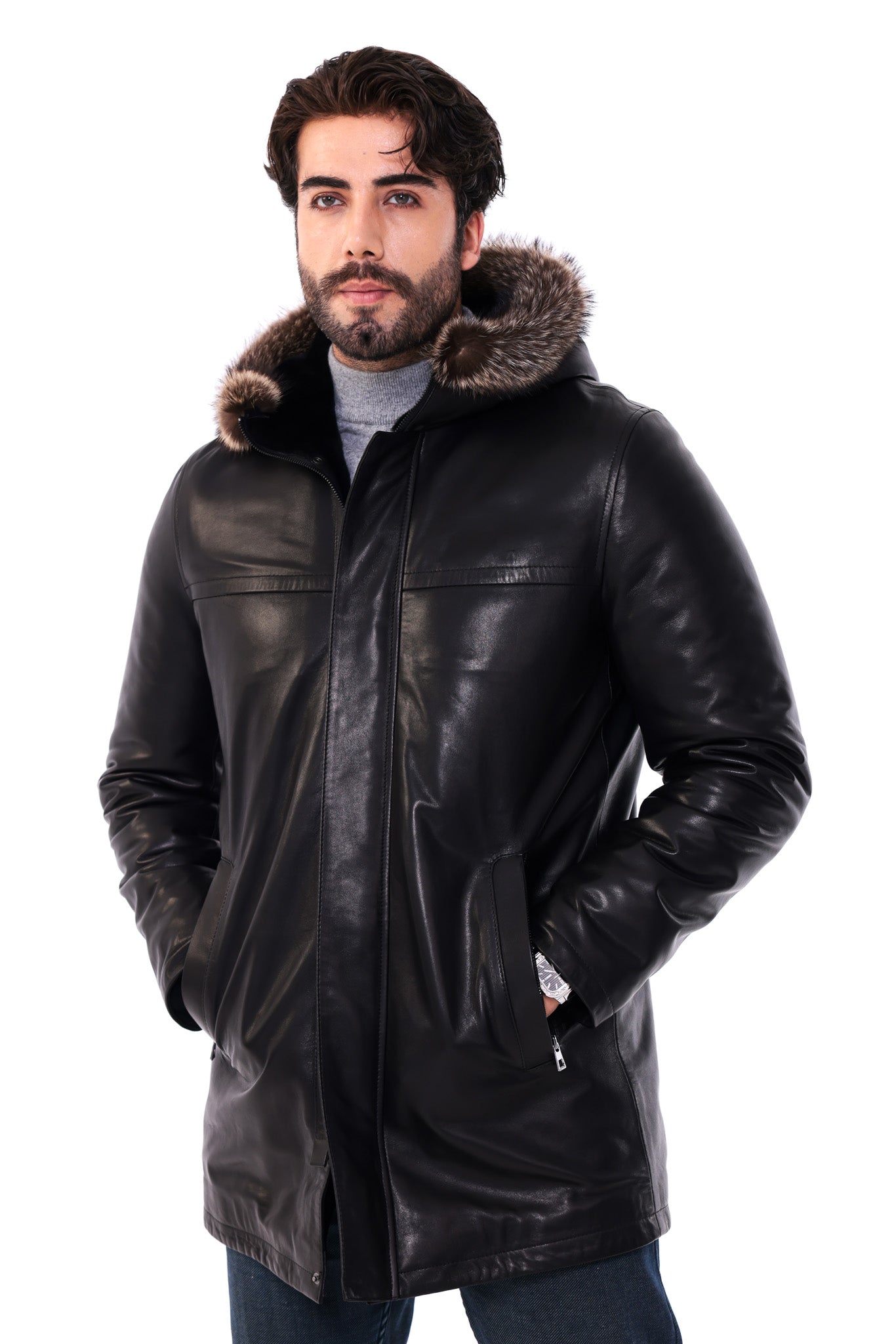 The Kaldren Black Genuine Leather Fur-Trimmed Hooded Men Jacket