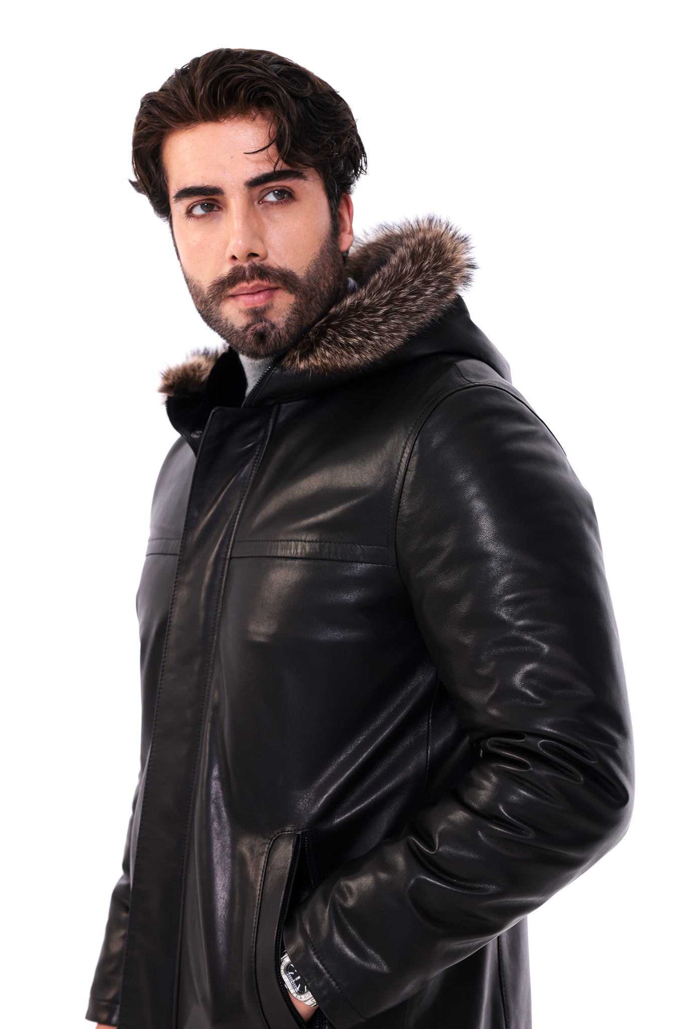The Kaldren Black Genuine Leather Fur-Trimmed Hooded Men Jacket