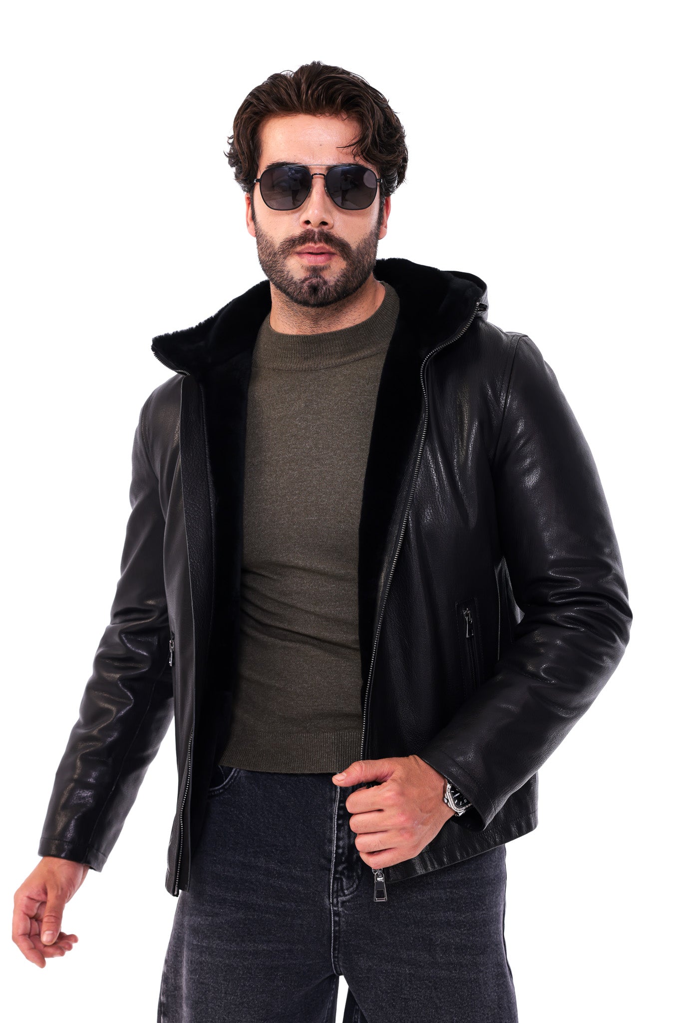 The Varello Black Genuine Leather Shearling Hooded Men Jacket