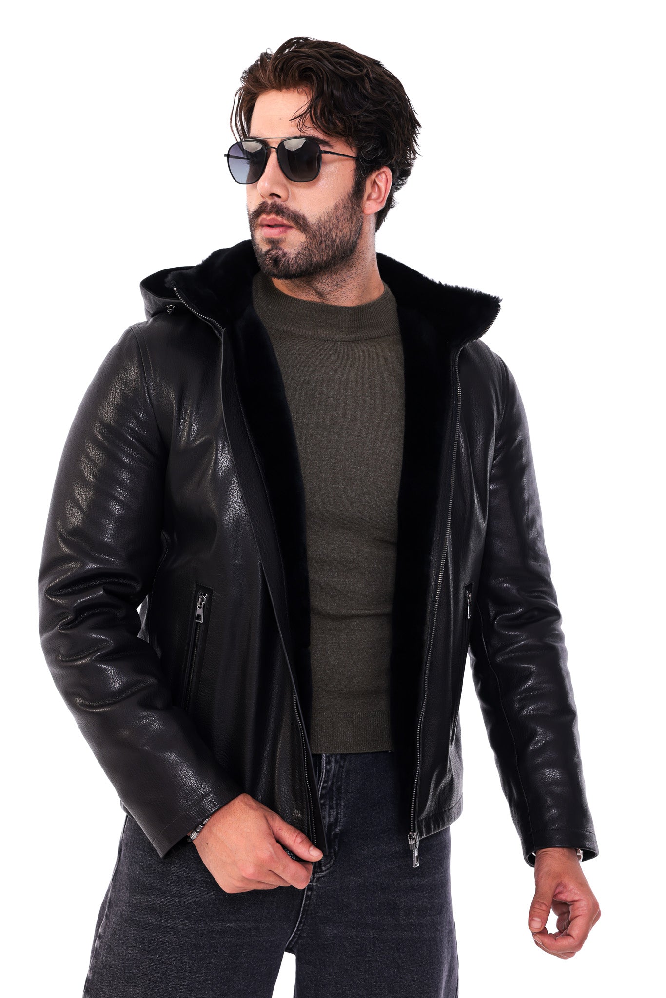 The Varello Black Genuine Leather Shearling Hooded Men Jacket