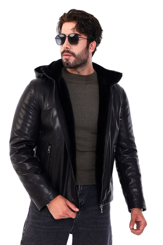 The Varello Black Genuine Leather Shearling Hooded Men Jacket