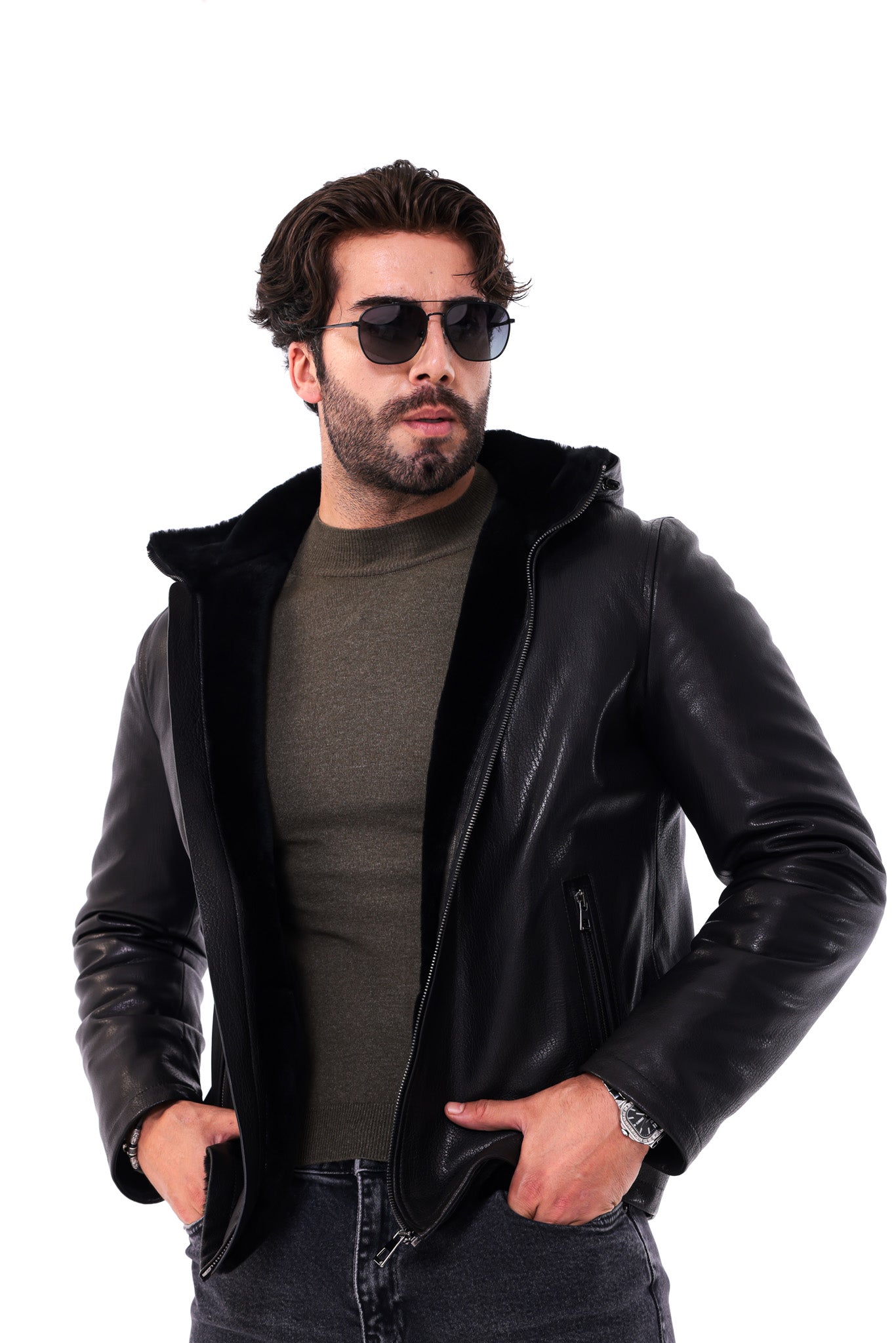 The Varello Black Genuine Leather Shearling Hooded Men Jacket