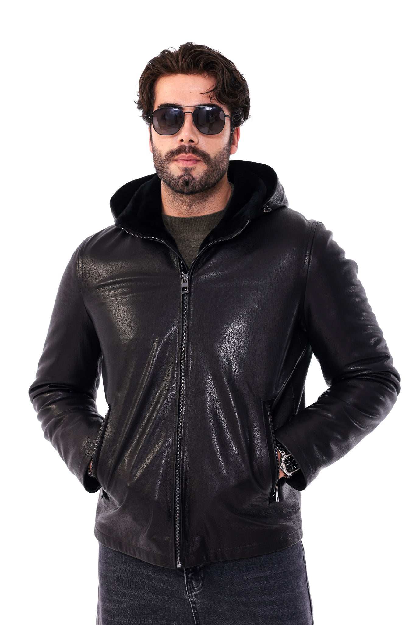The Varello Black Genuine Leather Shearling Hooded Men Jacket