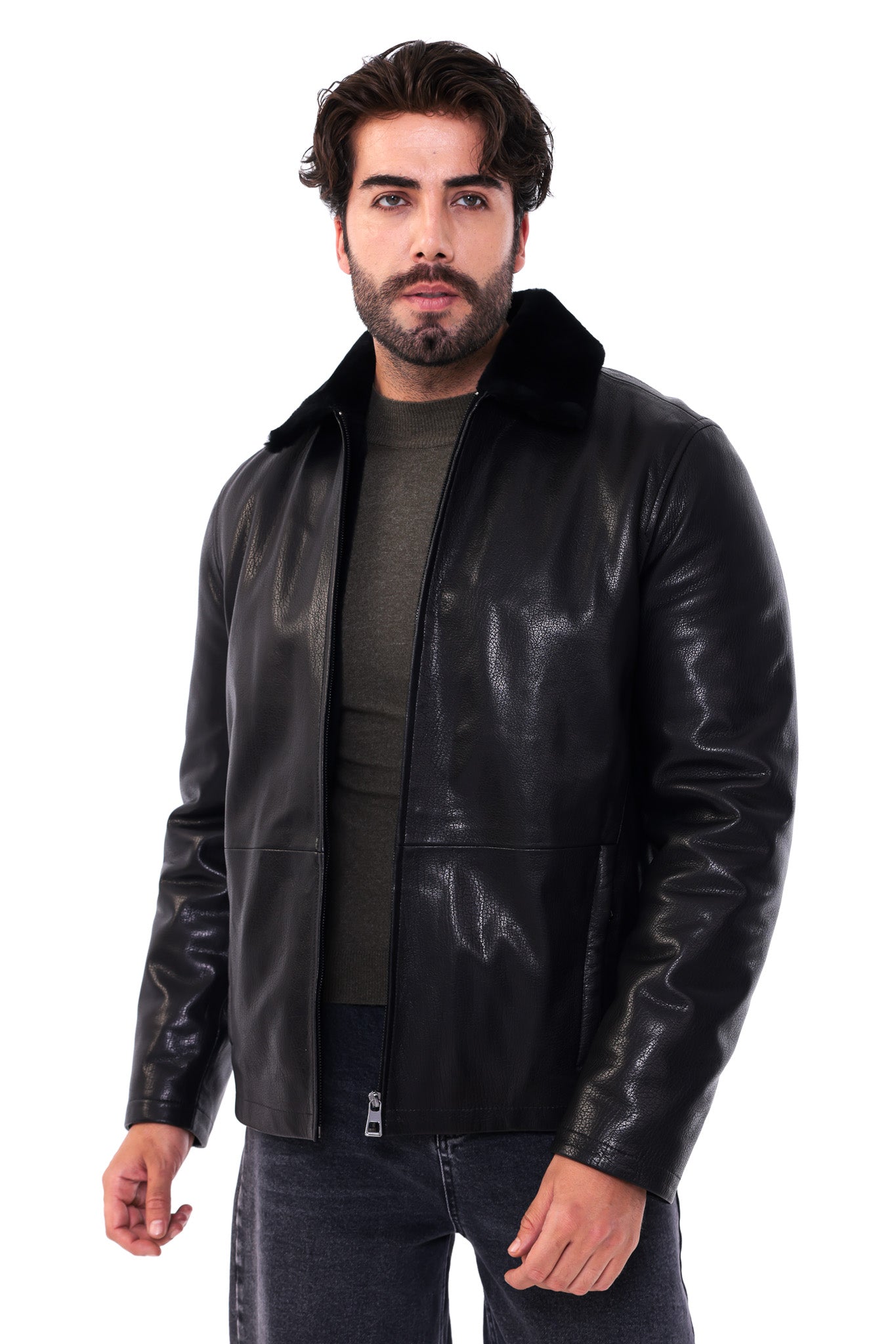 The Elvaris Black Genuine Leather Fur Collar Men Jacket