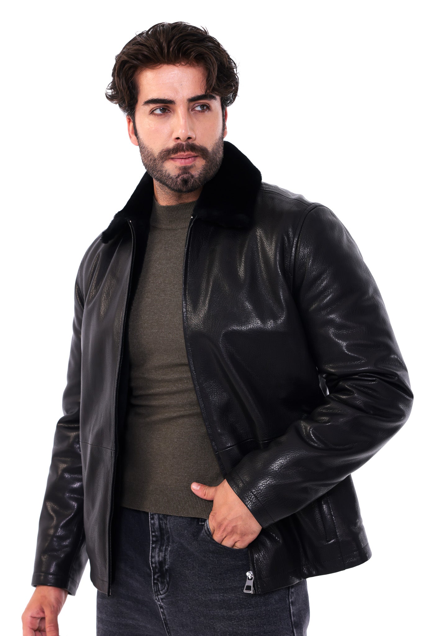 The Elvaris Black Genuine Leather Fur Collar Men Jacket