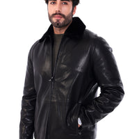 The Elvaris Black Genuine Leather Fur Collar Men Jacket