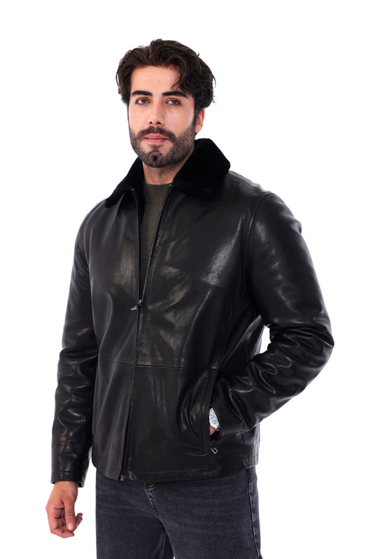 The Elvaris Black Genuine Leather Fur Collar Men Jacket