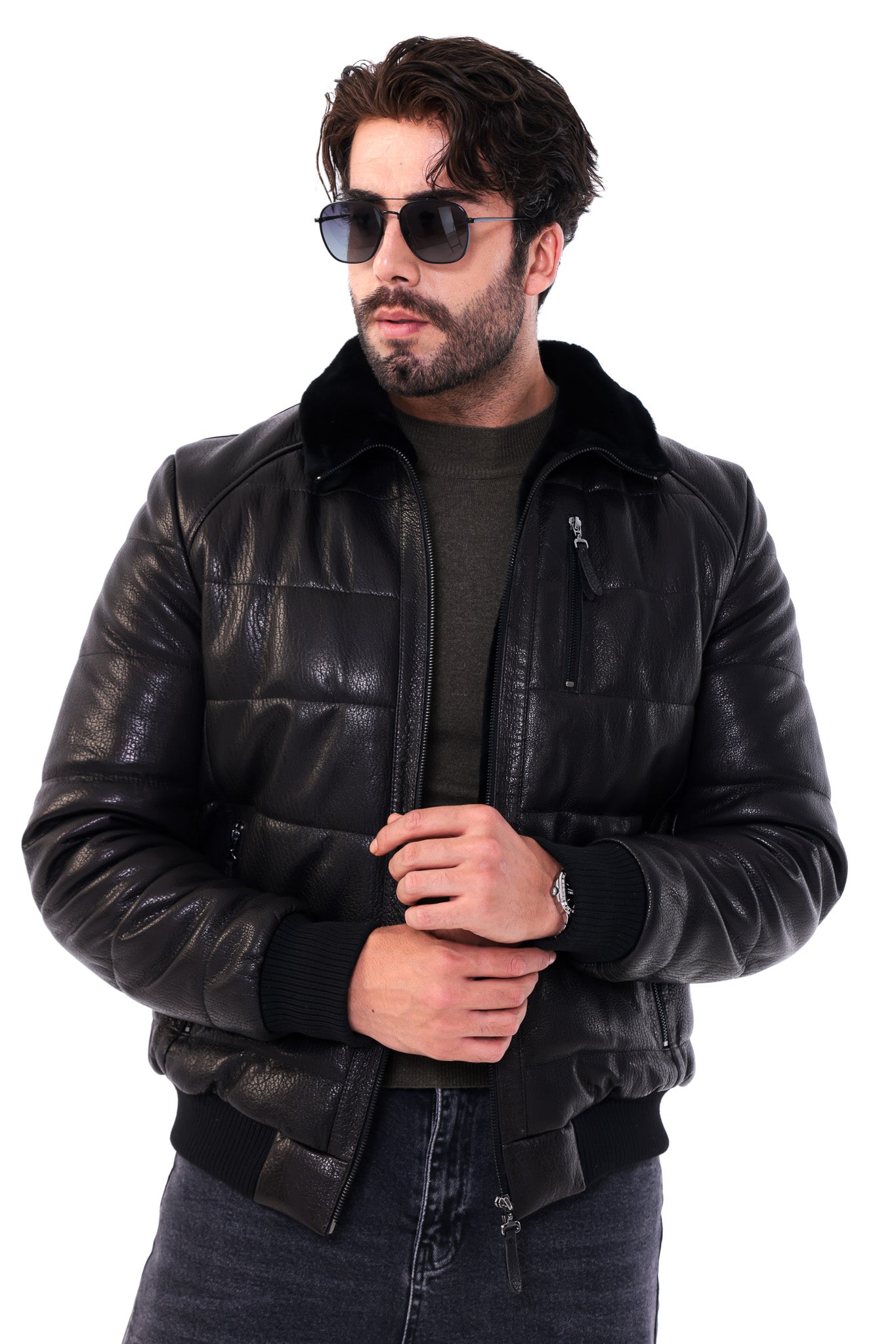 The Zervano Black Genuine Leather Fur Collar Puffer Men Jacket