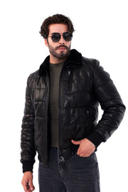 The Zervano Black Genuine Leather Fur Collar Puffer Men Jacket