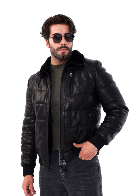 The Zervano Black Genuine Leather Fur Collar Puffer Men Jacket